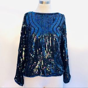Caren Charles Blue and Black Sequin Blouse